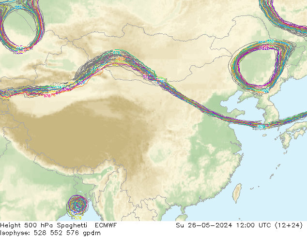 Height 500 hPa Spaghetti ECMWF 星期日 26.05.2024 12 UTC