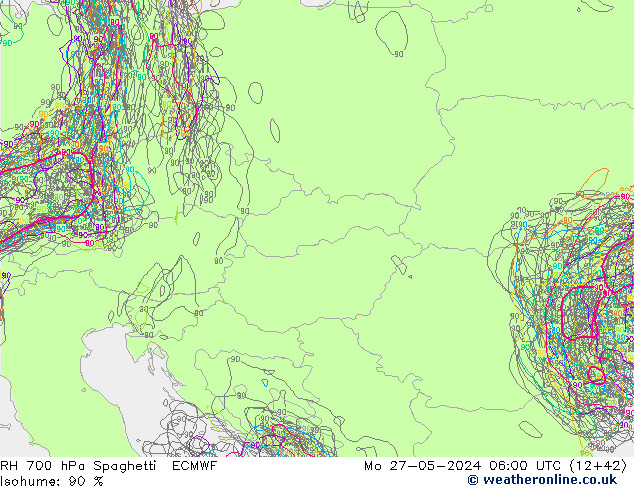 RH 700 hPa Spaghetti ECMWF pon. 27.05.2024 06 UTC