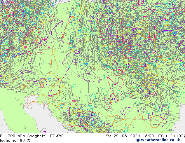 RH 700 hPa Spaghetti ECMWF Qua 29.05.2024 18 UTC