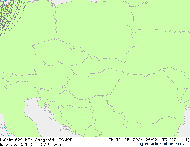 Height 500 hPa Spaghetti ECMWF czw. 30.05.2024 06 UTC