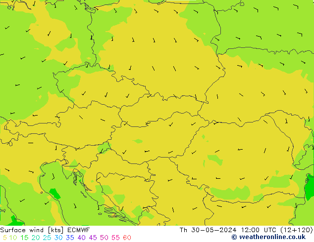 Surface wind ECMWF Čt 30.05.2024 12 UTC