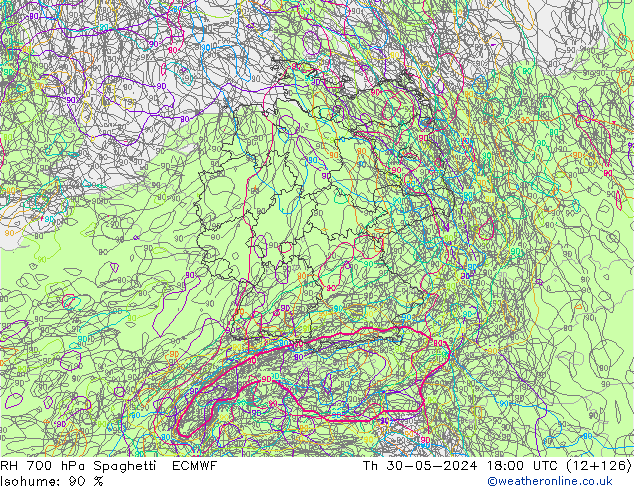 RH 700 гПа Spaghetti ECMWF чт 30.05.2024 18 UTC