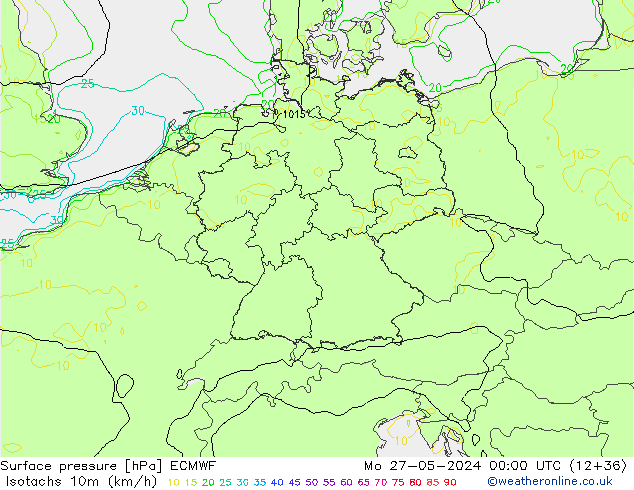 Isotachs (kph) ECMWF пн 27.05.2024 00 UTC