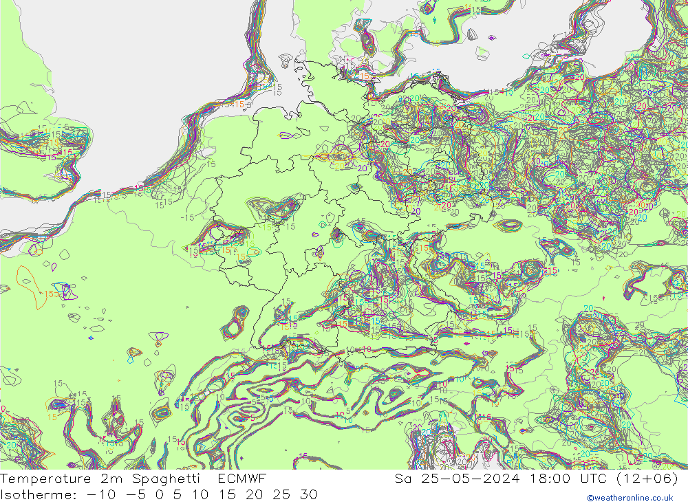 Temperatura 2m Spaghetti ECMWF Sáb 25.05.2024 18 UTC