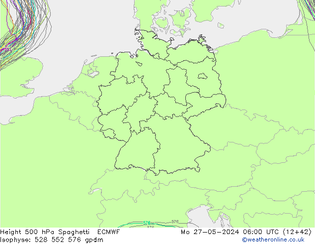 Height 500 hPa Spaghetti ECMWF 星期一 27.05.2024 06 UTC