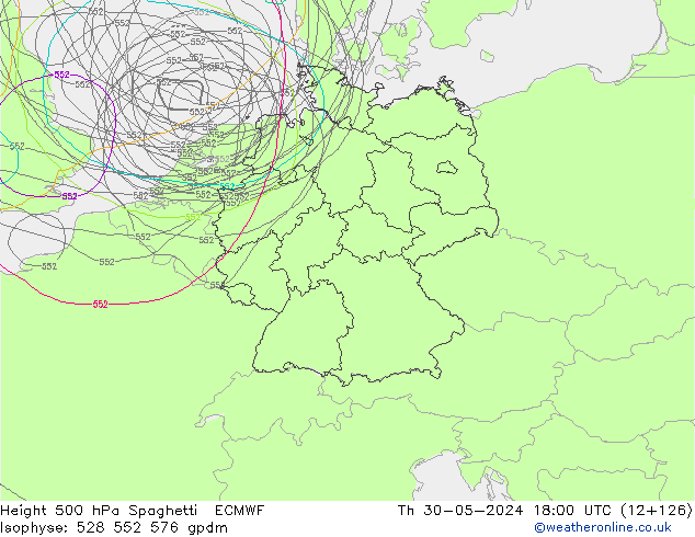 Height 500 гПа Spaghetti ECMWF чт 30.05.2024 18 UTC