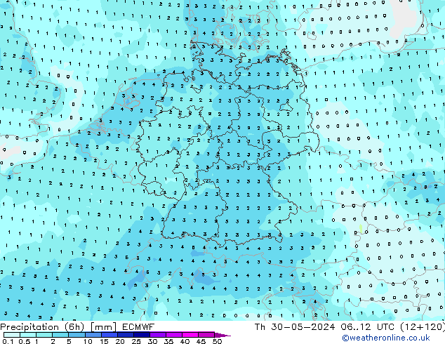 Precipitazione (6h) ECMWF gio 30.05.2024 12 UTC