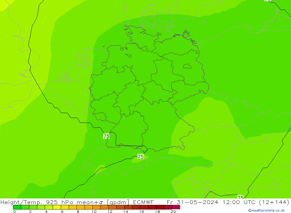 Geop./Temp. 925 hPa ECMWF vie 31.05.2024 12 UTC