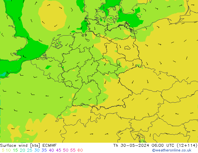 wiatr 10 m ECMWF czw. 30.05.2024 06 UTC