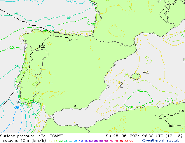 Isotachs (kph) ECMWF Su 26.05.2024 06 UTC