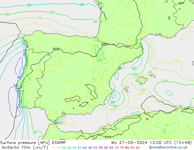 Isotaca (kph) ECMWF lun 27.05.2024 12 UTC