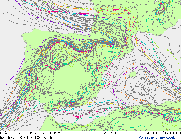 Hoogte/Temp. 925 hPa ECMWF wo 29.05.2024 18 UTC