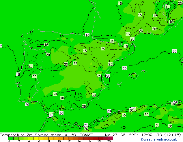 Temperatura 2m Spread ECMWF lun 27.05.2024 12 UTC