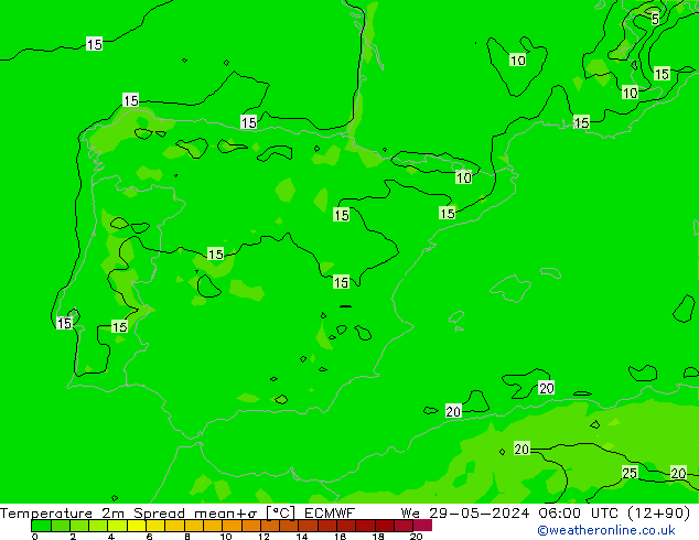 Temperatura 2m Spread ECMWF Qua 29.05.2024 06 UTC