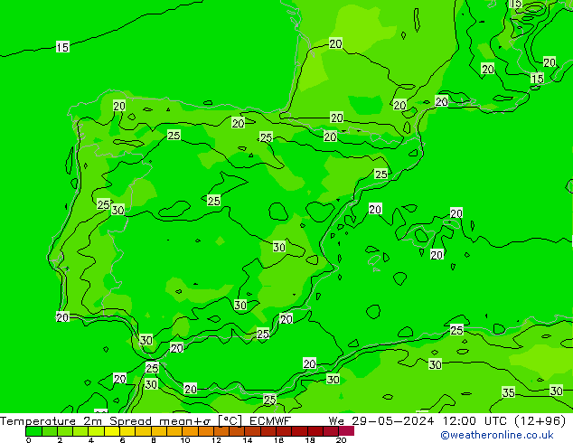 Temperatura 2m Spread ECMWF Qua 29.05.2024 12 UTC