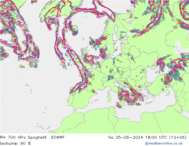 RH 700 hPa Spaghetti ECMWF Sa 25.05.2024 18 UTC
