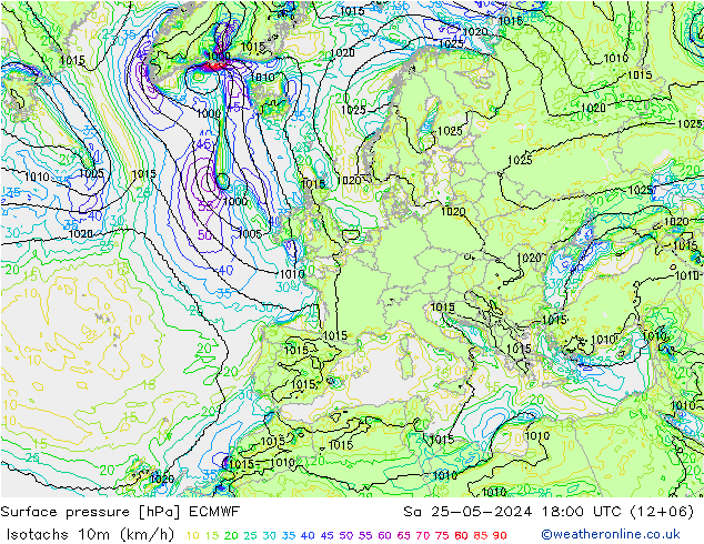 10米等风速线 (kph) ECMWF 星期六 25.05.2024 18 UTC