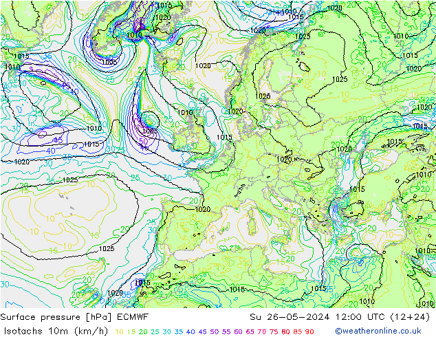 Isotachs (kph) ECMWF Вс 26.05.2024 12 UTC