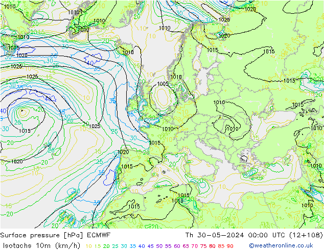 Isotachs (kph) ECMWF gio 30.05.2024 00 UTC