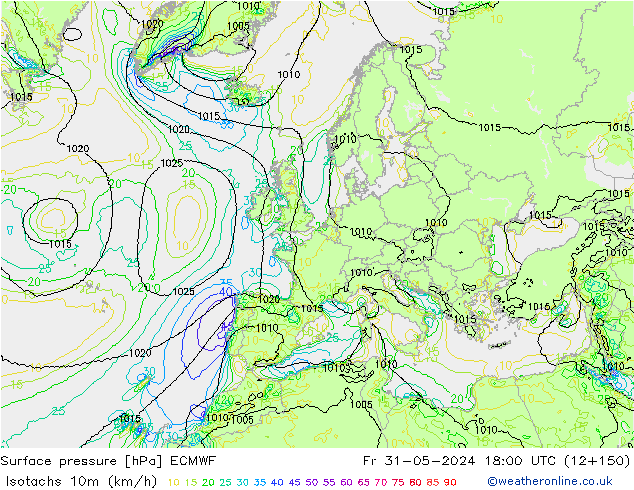 Isotaca (kph) ECMWF vie 31.05.2024 18 UTC