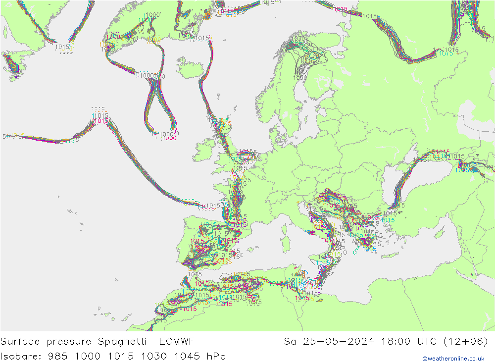 Surface pressure Spaghetti ECMWF Sa 25.05.2024 18 UTC