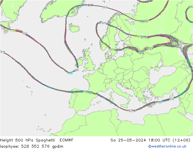 Height 500 hPa Spaghetti ECMWF Sa 25.05.2024 18 UTC