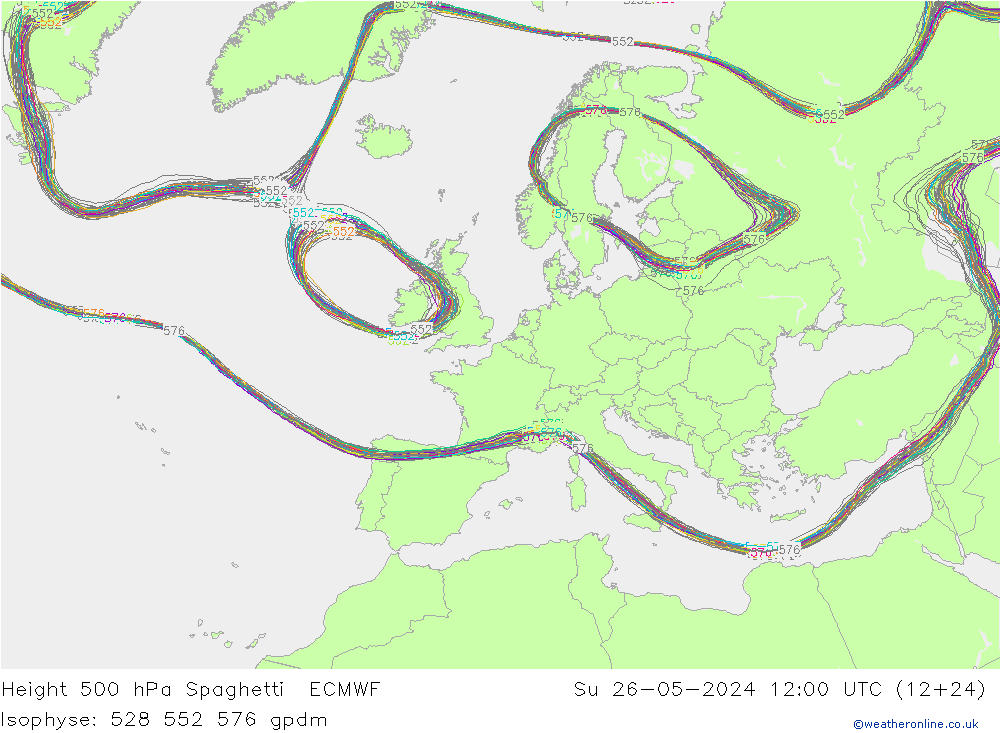 Hoogte 500 hPa Spaghetti ECMWF zo 26.05.2024 12 UTC