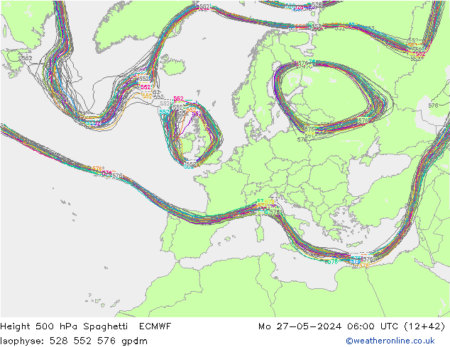 Height 500 hPa Spaghetti ECMWF pon. 27.05.2024 06 UTC