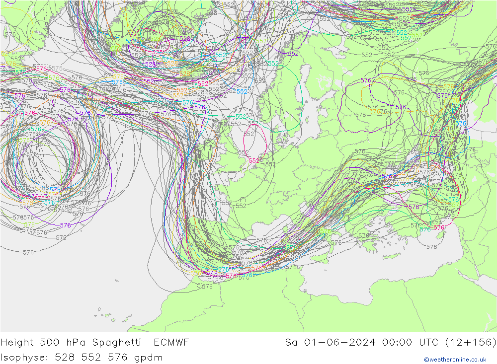 Height 500 hPa Spaghetti ECMWF Sa 01.06.2024 00 UTC