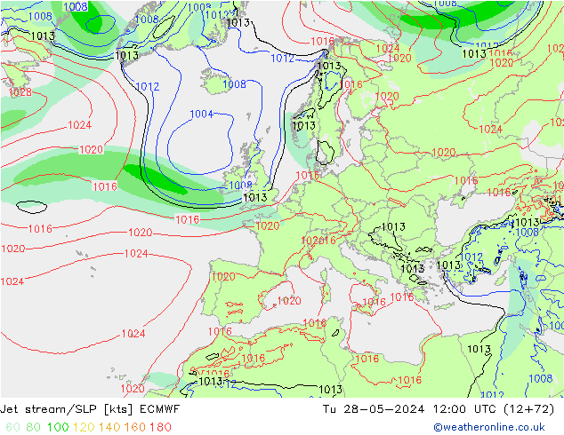 Jet stream/SLP ECMWF Tu 28.05.2024 12 UTC