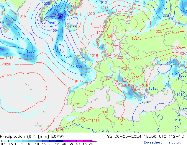 Totale neerslag (6h) ECMWF zo 26.05.2024 00 UTC