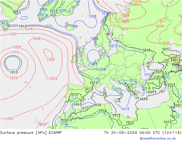 pressão do solo ECMWF Qui 30.05.2024 06 UTC