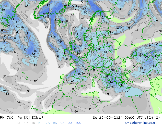 RH 700 hPa ECMWF Su 26.05.2024 00 UTC