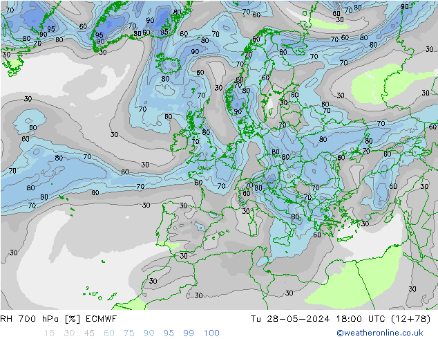 RH 700 hPa ECMWF wto. 28.05.2024 18 UTC