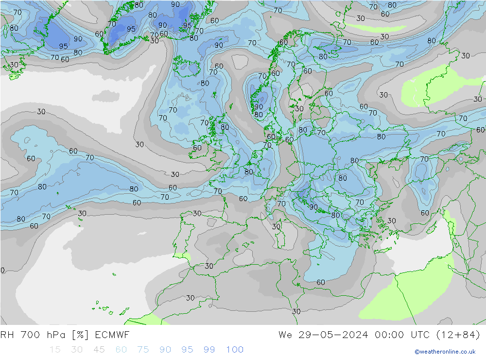 Humedad rel. 700hPa ECMWF mié 29.05.2024 00 UTC