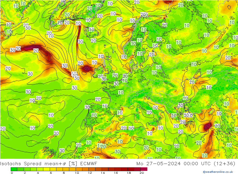 Isotachs Spread ECMWF Mo 27.05.2024 00 UTC