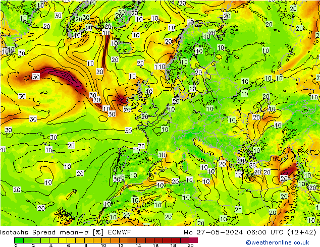 Izotacha Spread ECMWF pon. 27.05.2024 06 UTC