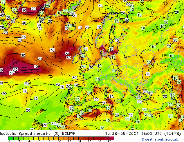 Izotacha Spread ECMWF wto. 28.05.2024 18 UTC