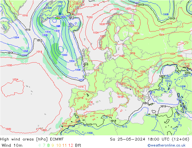 High wind areas ECMWF 星期六 25.05.2024 18 UTC