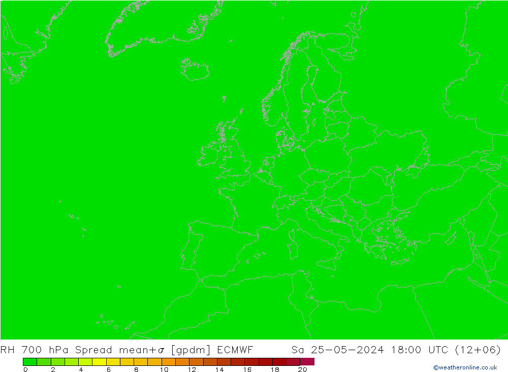 RH 700 hPa Spread ECMWF 星期六 25.05.2024 18 UTC