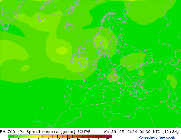 RH 700 hPa Spread ECMWF śro. 29.05.2024 00 UTC