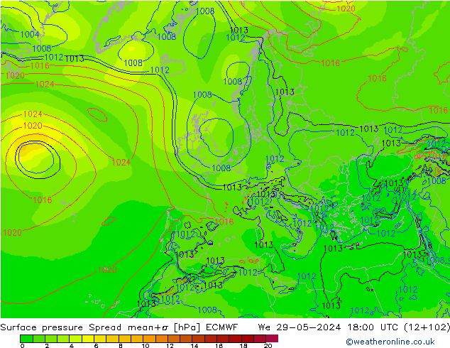 Luchtdruk op zeeniveau Spread ECMWF wo 29.05.2024 18 UTC