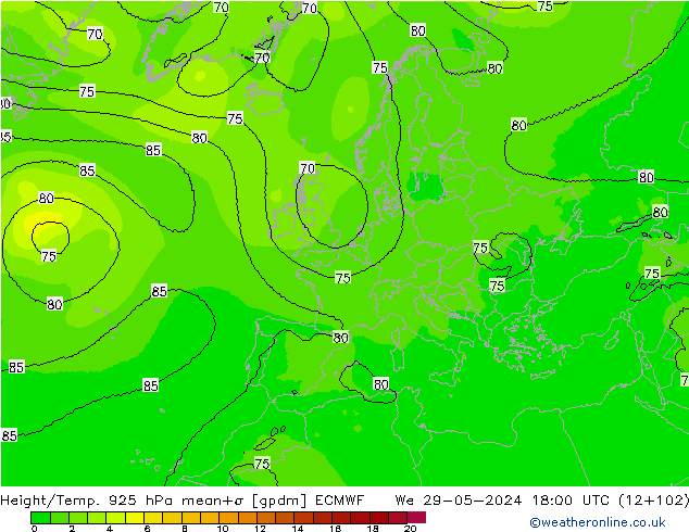 Height/Temp. 925 hPa ECMWF We 29.05.2024 18 UTC