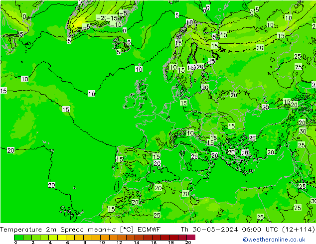 Temperatura 2m Spread ECMWF Qui 30.05.2024 06 UTC