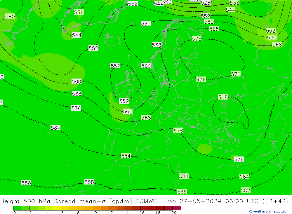 Height 500 hPa Spread ECMWF pon. 27.05.2024 06 UTC