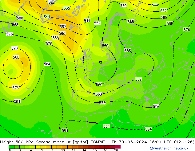 Hoogte 500 hPa Spread ECMWF do 30.05.2024 18 UTC