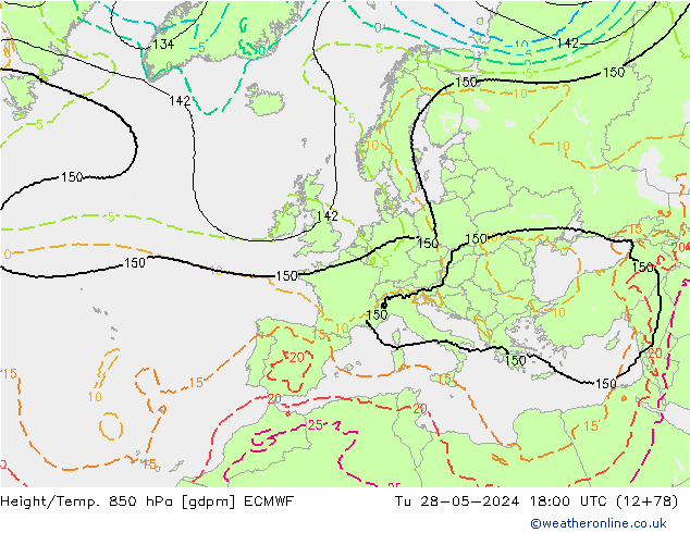 Géop./Temp. 850 hPa ECMWF mar 28.05.2024 18 UTC