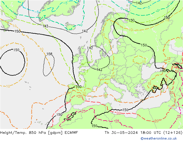 Geop./Temp. 850 hPa ECMWF jue 30.05.2024 18 UTC
