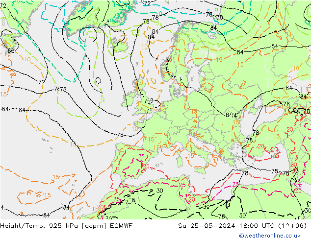 Height/Temp. 925 hPa ECMWF 星期六 25.05.2024 18 UTC