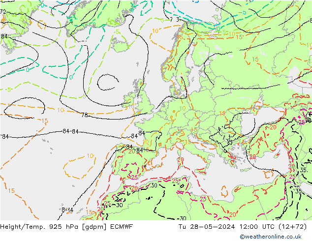 Height/Temp. 925 hPa ECMWF Tu 28.05.2024 12 UTC